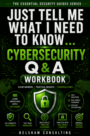 Cybersecurity Q&A workbook cover with icons.