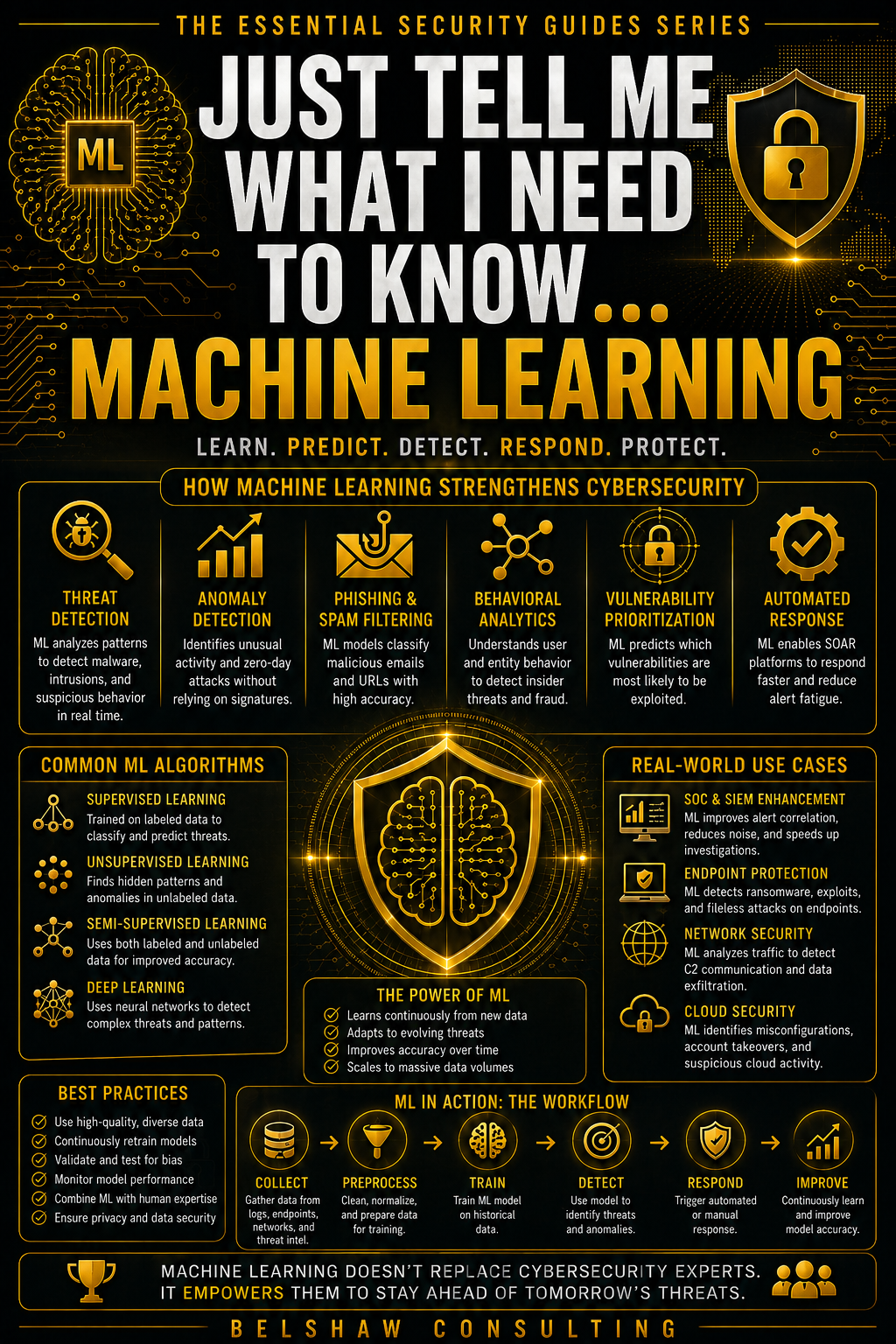 Machine learning cybersecurity guide infographic.